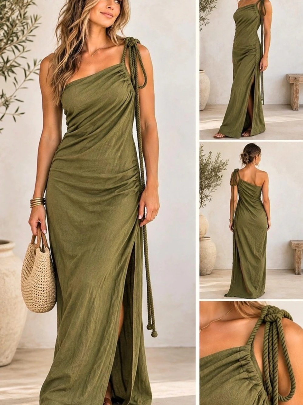 J. Lux Label Olive Green Cotton Linen One Shoulder Maxi Dress S NWT